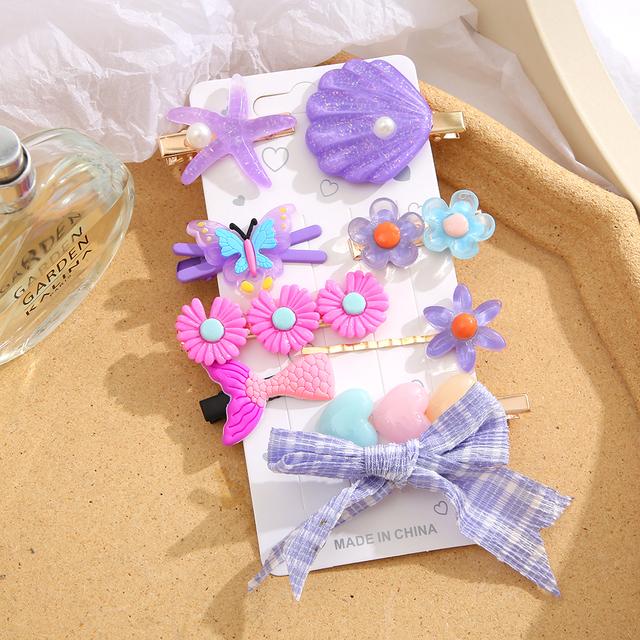 💜Cute Purple Theme Hair Clips Set for Girls | Bow, Flower, Butterfly Sea-Inspired Hair Accessories - 1 pack