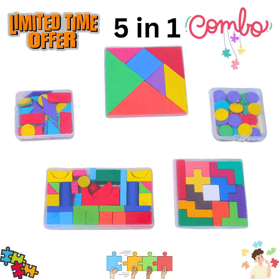 5 in 1 Best combo of Tangram, thirteen troublesome, small shapes 2, shapes medium Puzzles(Random colour will be send) - Kids Bestie