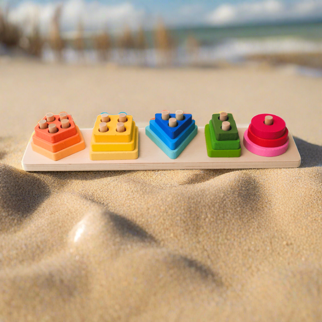 5 shapes - Wooden Colorful Shape Sorting Stacking Rings Toys - Kids Bestie