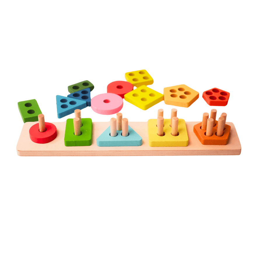 5 shapes - Wooden Colorful Shape Sorting Stacking Rings Toys - Kids Bestie