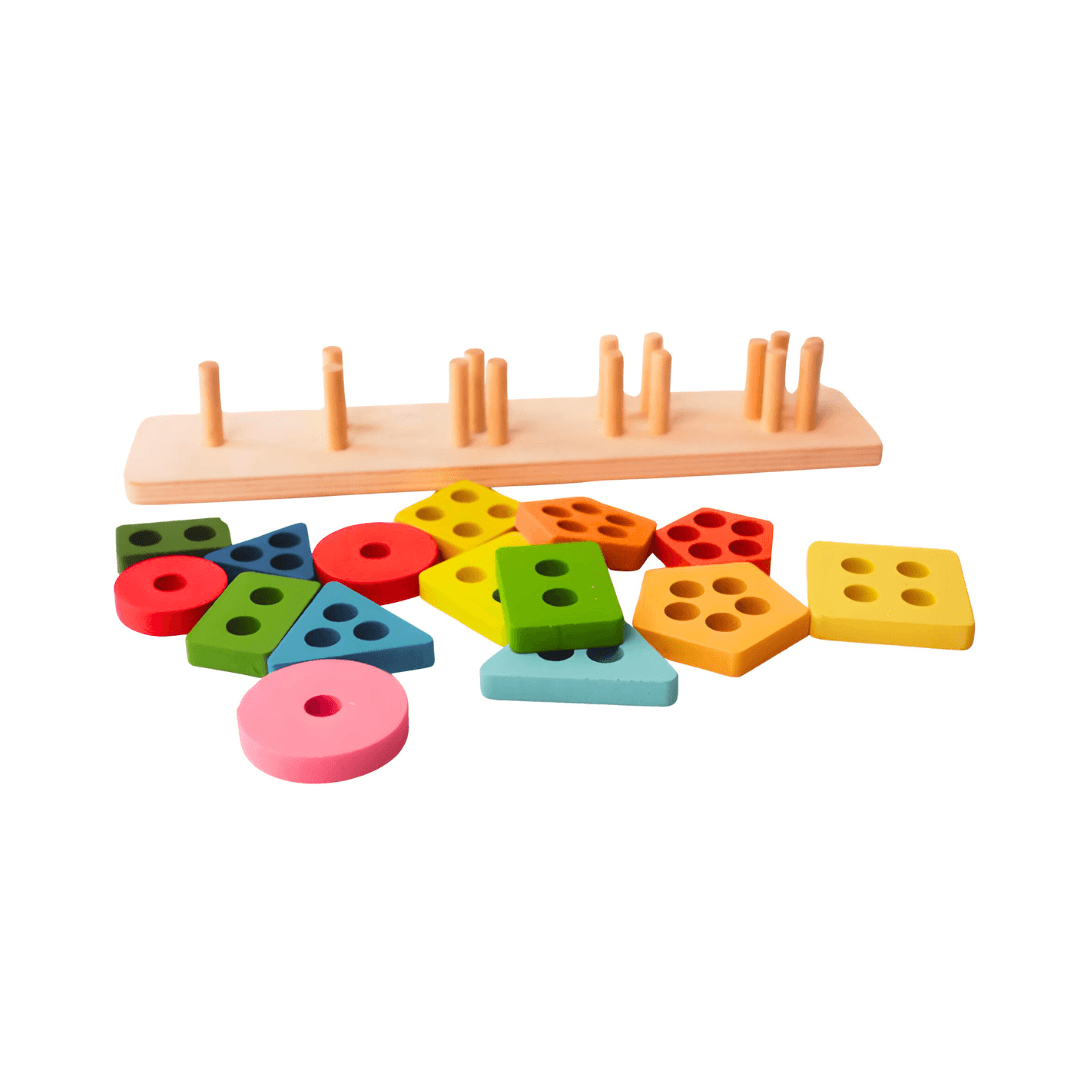 5 shapes - Wooden Colorful Shape Sorting Stacking Rings Toys - Kids Bestie