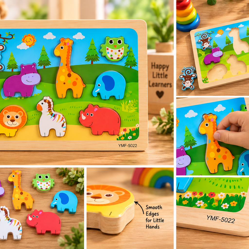 Wooden Wild Animal Chunky Puzzle for Kids – Colourful Safari Animal Learning & Matching Board