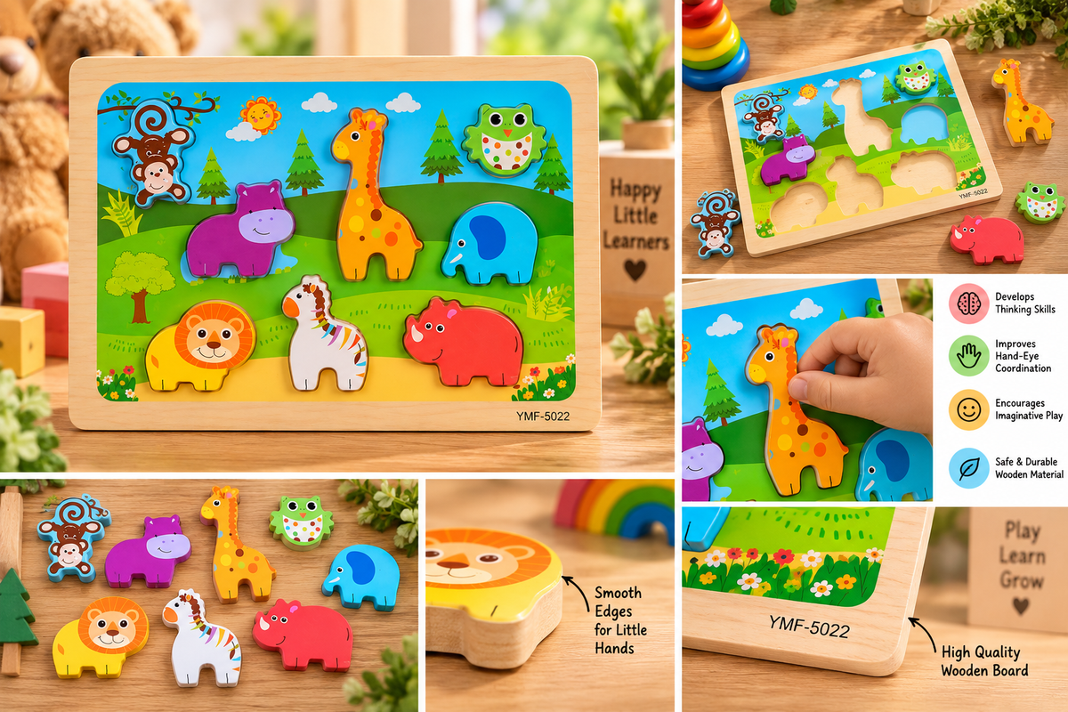 Wooden Wild Animal Chunky Puzzle for Kids – Colourful Safari Animal Learning & Matching Board