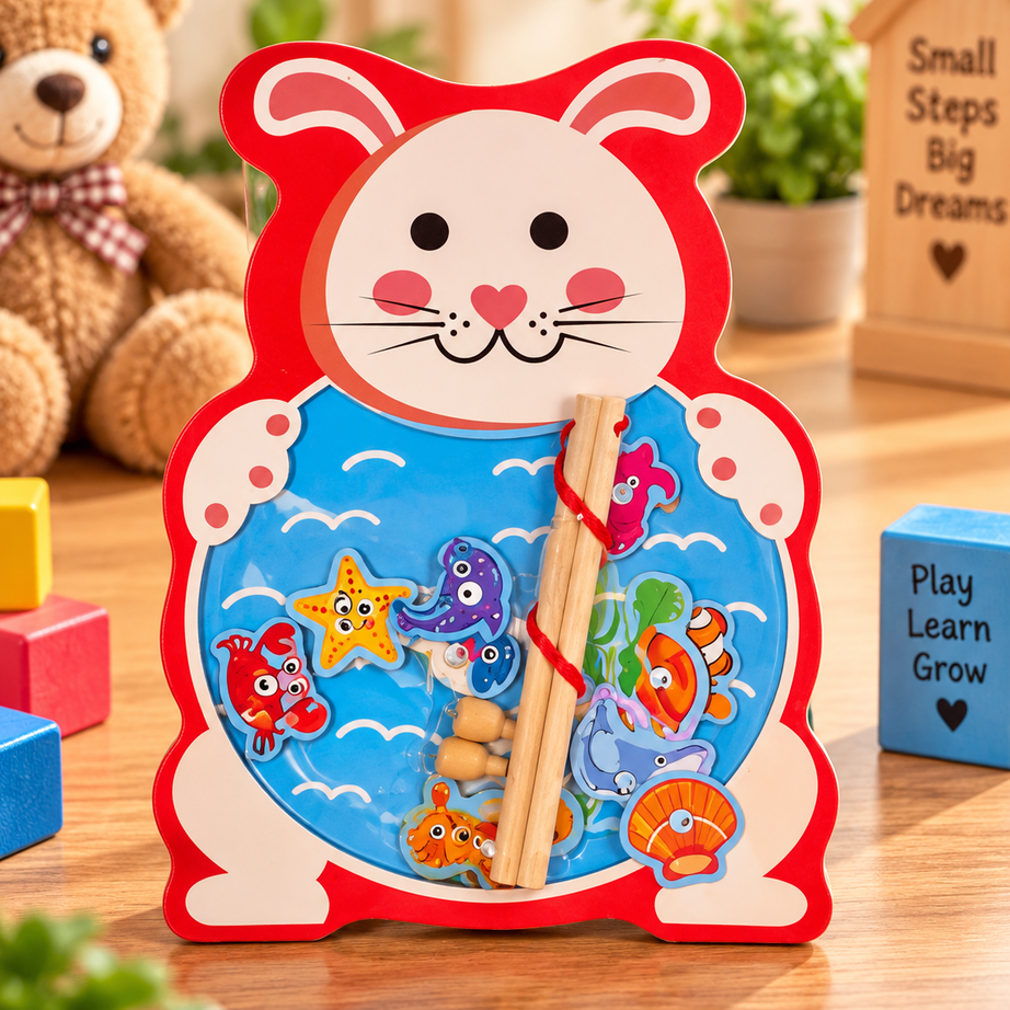 Wooden Magnetic Fishing Game for Kids – Cute Animal Theme Sea Creature Catching Puzzle with 2 Fishing Rods | Educational Learning & Fine Motor Skill Toy