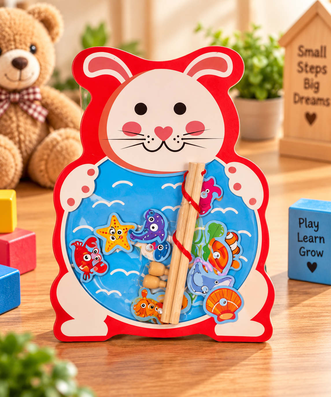 Wooden Magnetic Fishing Game for Kids – Cute Animal Theme Sea Creature Catching Puzzle with 2 Fishing Rods | Educational Learning & Fine Motor Skill Toy