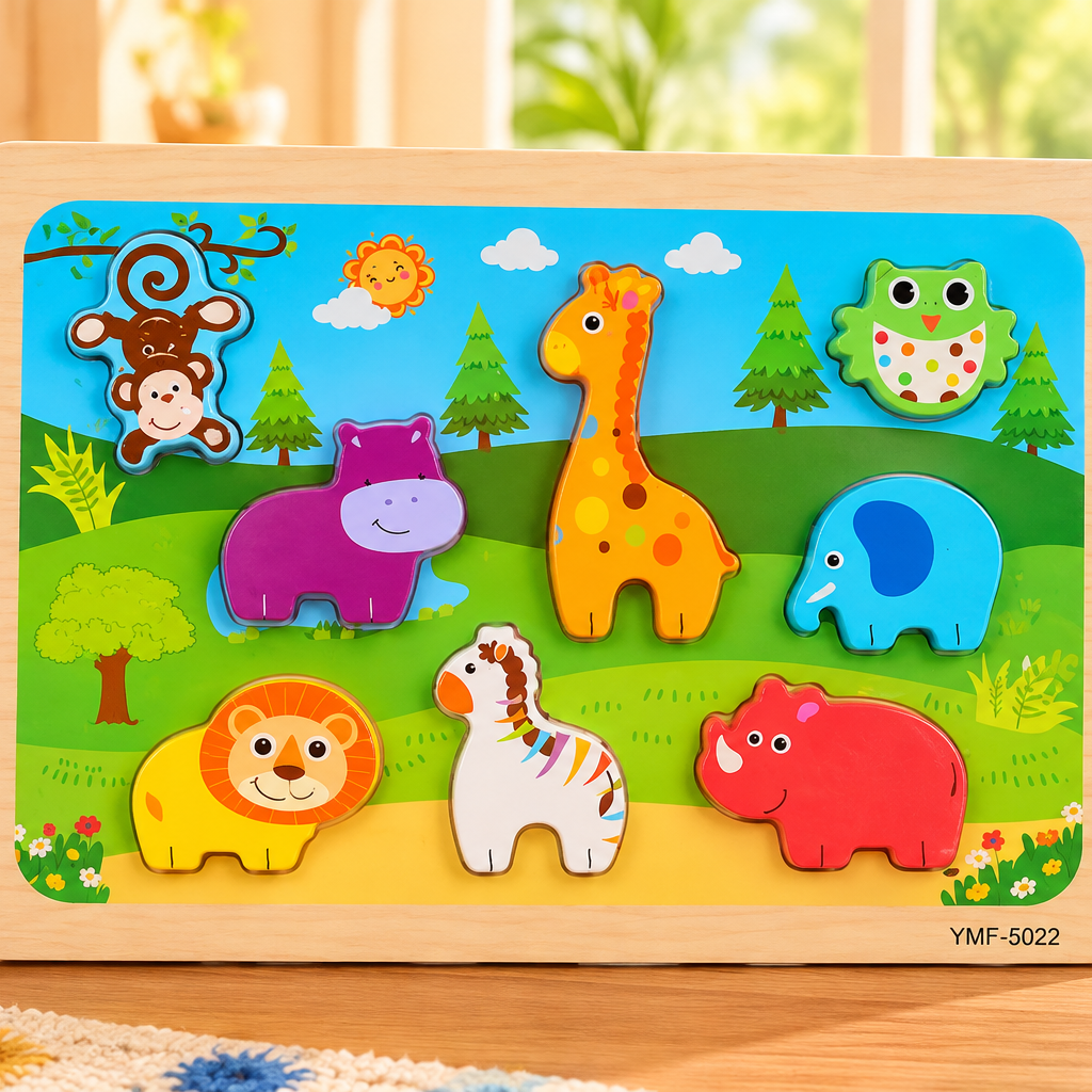 Wooden Wild Animal Chunky Puzzle for Kids – Colourful Safari Animal Learning & Matching Board