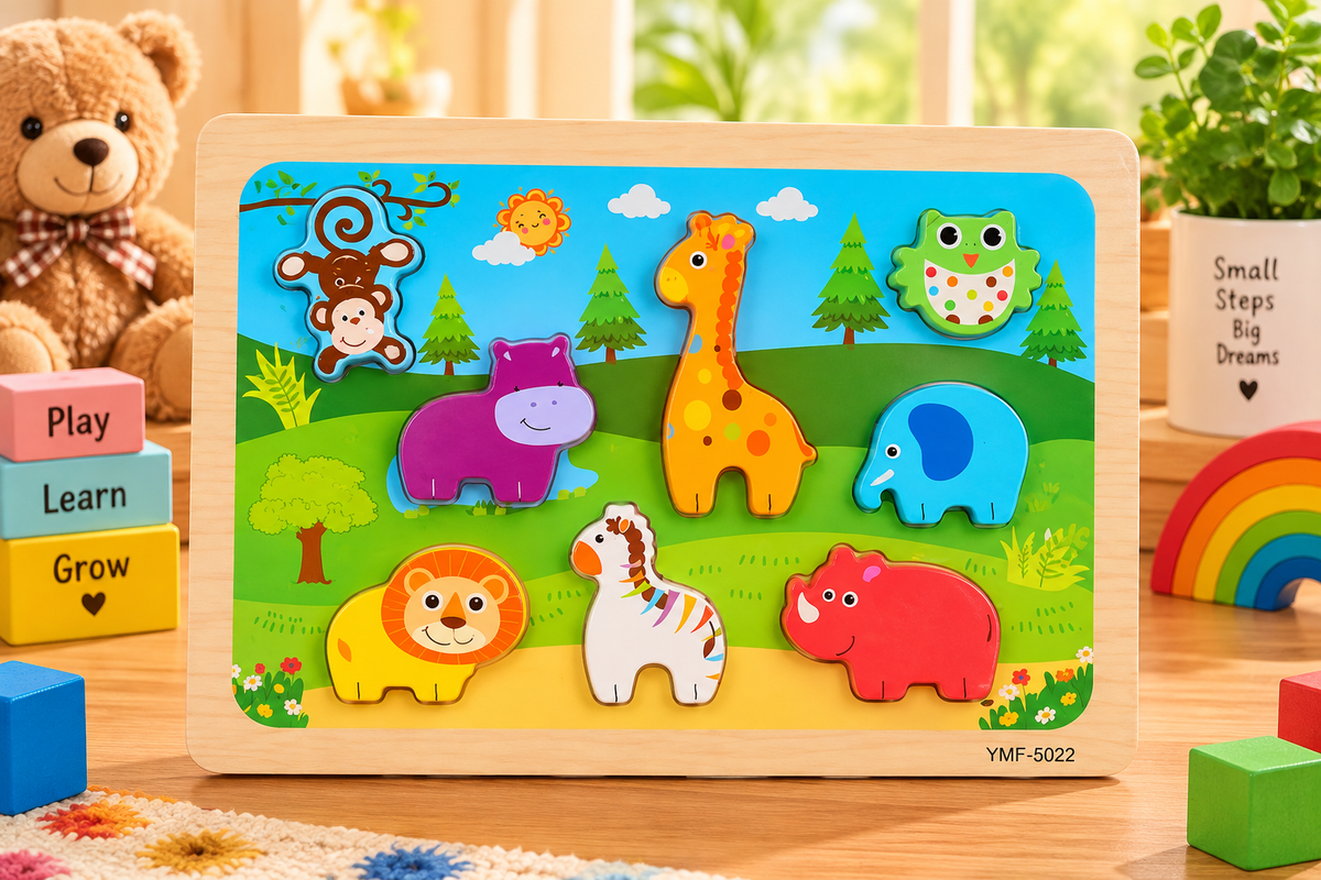 Wooden Wild Animal Chunky Puzzle for Kids – Colourful Safari Animal Learning & Matching Board