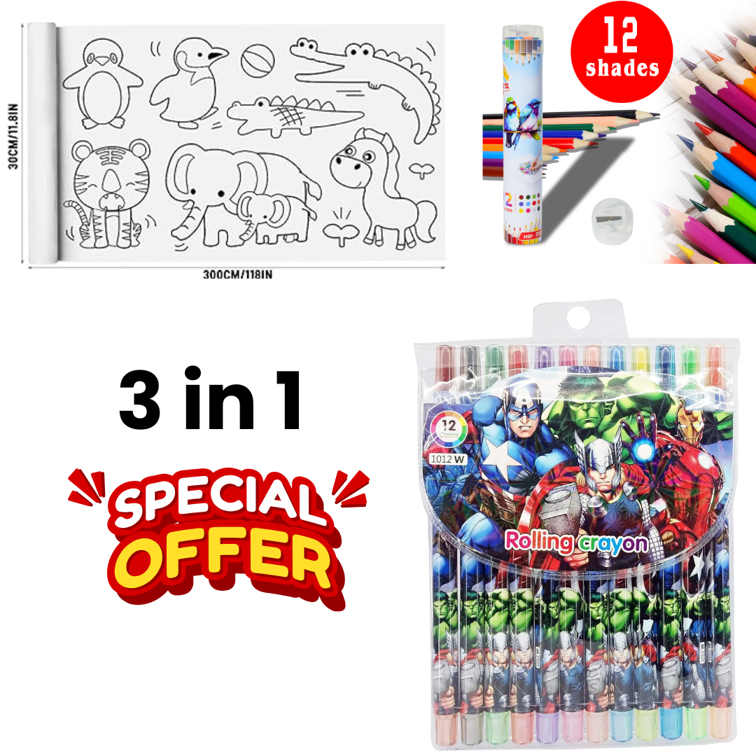Kids Creative Art Combo Set – Painting Roll, Rollable Crayons & 12-Shade Colour Pencils