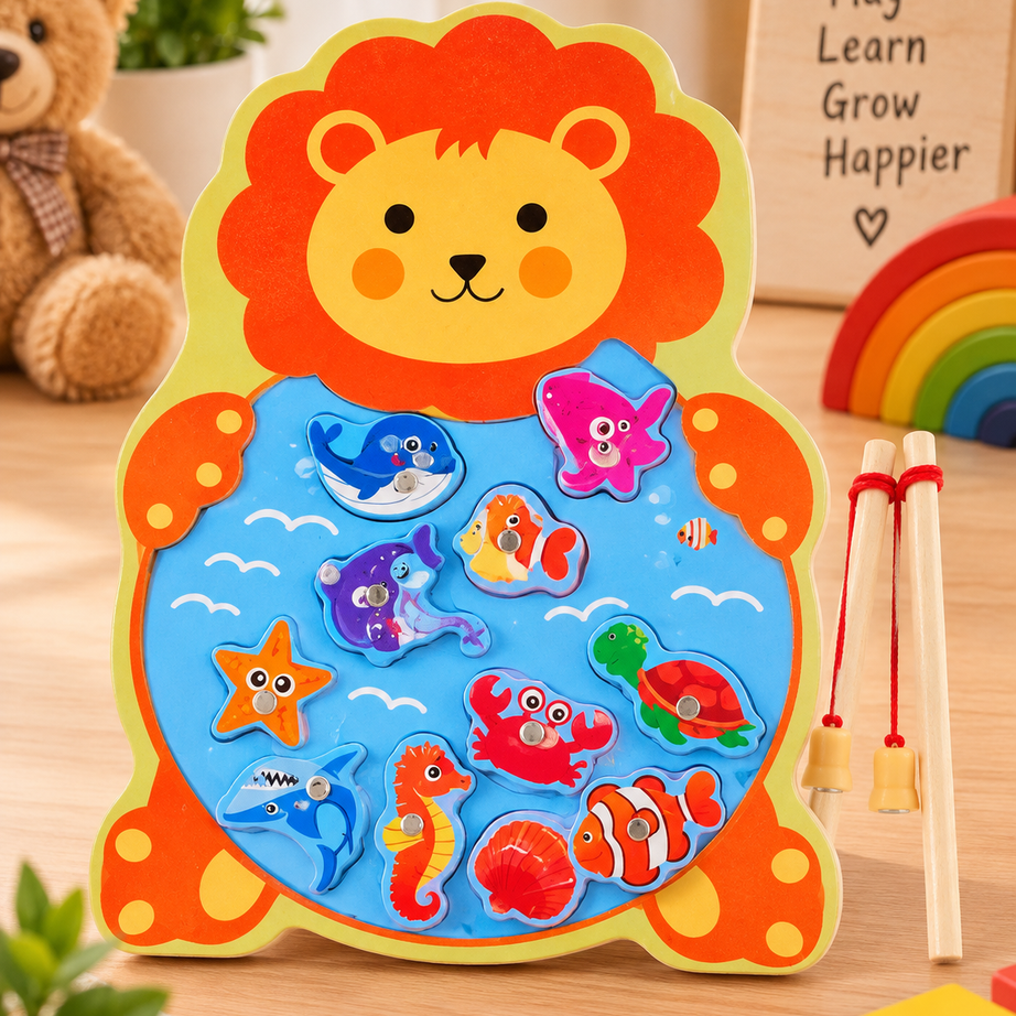 Wooden Magnetic Fishing Game for Kids – Cute Animal Theme Sea Creature Catching Puzzle with 2 Fishing Rods | Educational Learning & Fine Motor Skill Toy