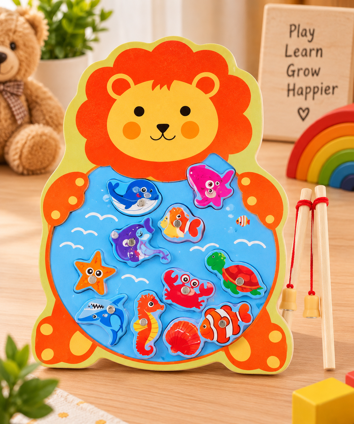 Wooden Magnetic Fishing Game for Kids – Cute Animal Theme Sea Creature Catching Puzzle with 2 Fishing Rods | Educational Learning & Fine Motor Skill Toy