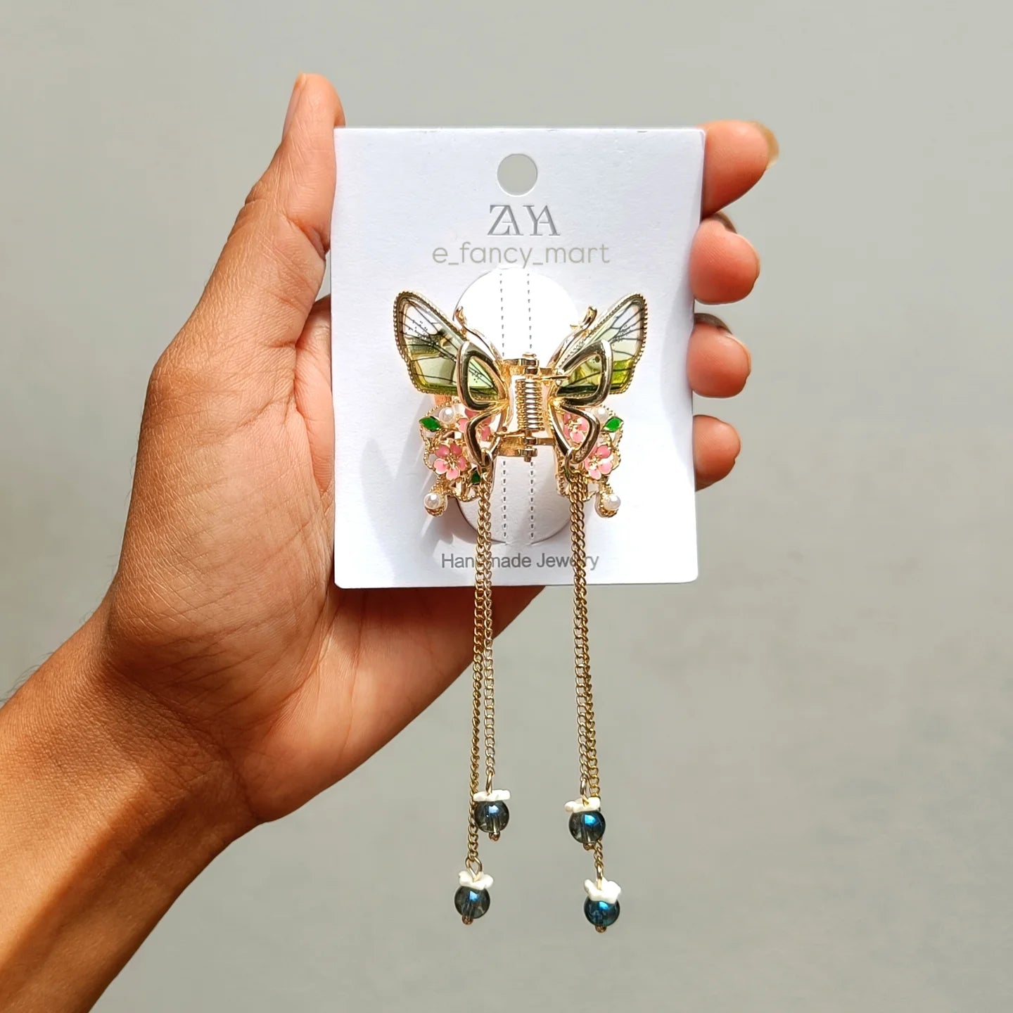 korean Elegant Butterfly Tassel Hair Claw Clip – Gold Metal with Green & Pink Floral Accents - 1 unit (Premium)