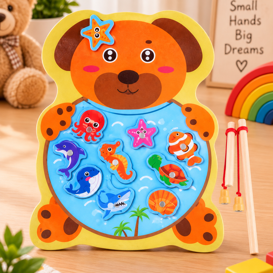 Wooden Magnetic Fishing Game for Kids – Cute Animal Theme Sea Creature Catching Puzzle with 2 Fishing Rods | Educational Learning & Fine Motor Skill Toy