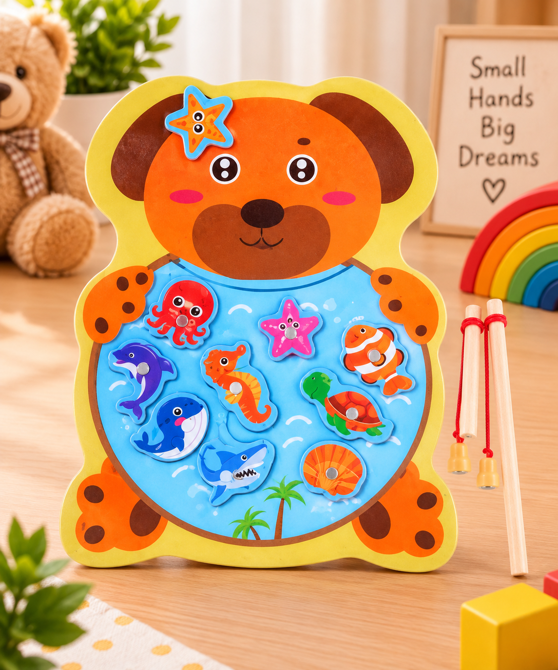 Wooden Magnetic Fishing Game for Kids – Cute Animal Theme Sea Creature Catching Puzzle with 2 Fishing Rods | Educational Learning & Fine Motor Skill Toy