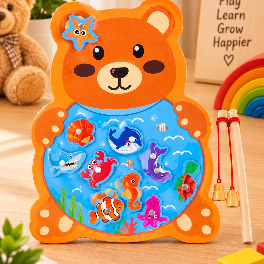 Wooden Magnetic Fishing Game for Kids – Cute Animal Theme Sea Creature Catching Puzzle with 2 Fishing Rods | Educational Learning & Fine Motor Skill Toy