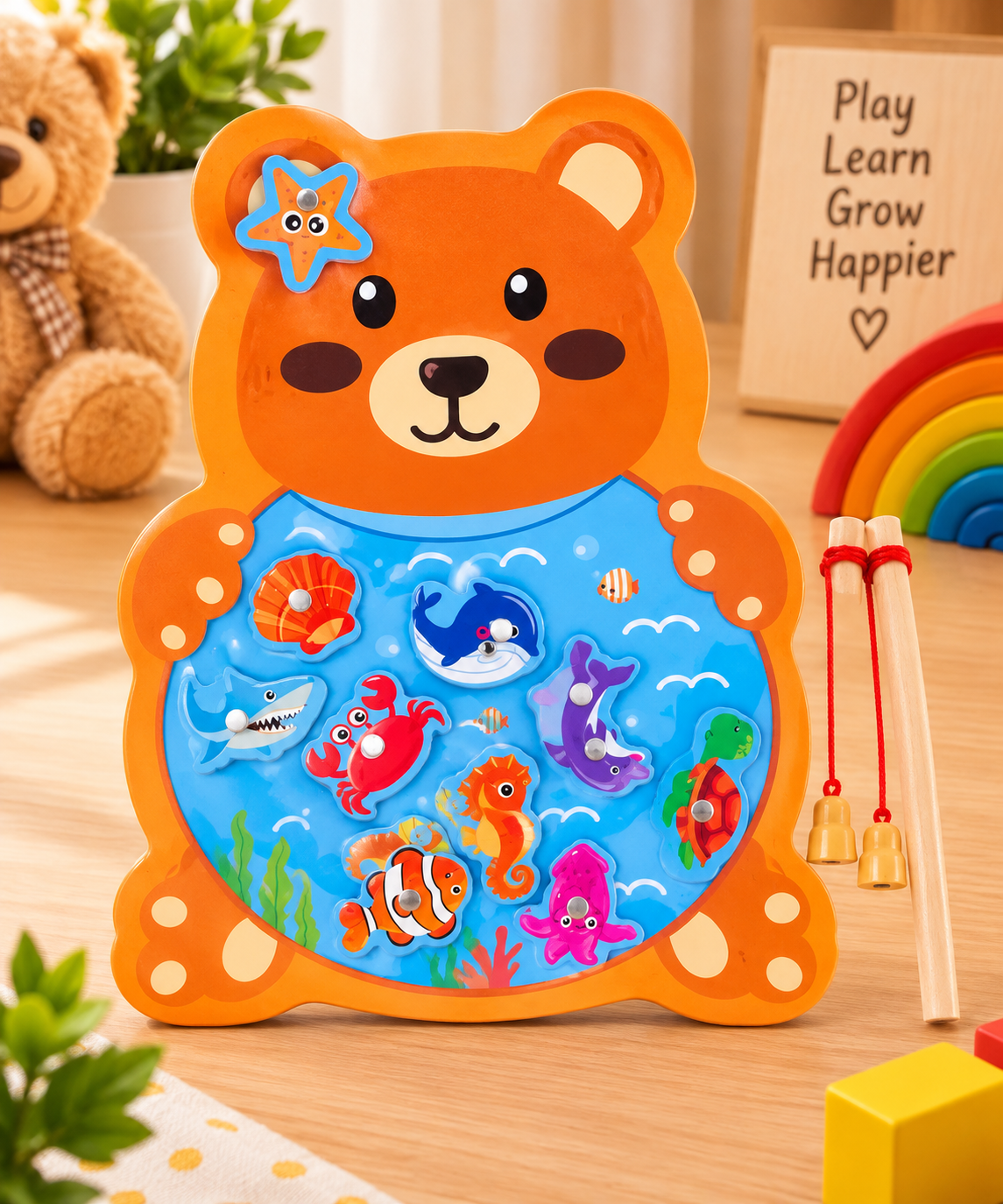 Wooden Magnetic Fishing Game for Kids – Cute Animal Theme Sea Creature Catching Puzzle with 2 Fishing Rods | Educational Learning & Fine Motor Skill Toy