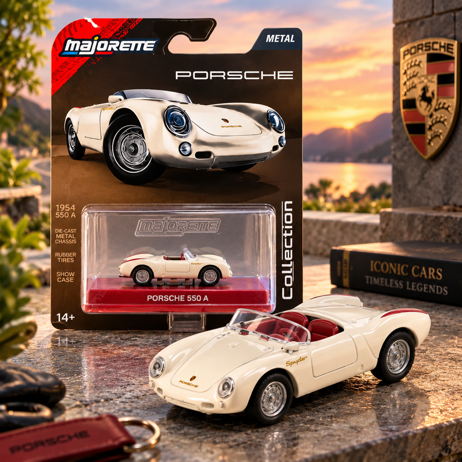 Majorette 1955 Porsche 550 Spyder Die-Cast Collectible Car – Metal Chassis, Rubber Tyres & Display Case