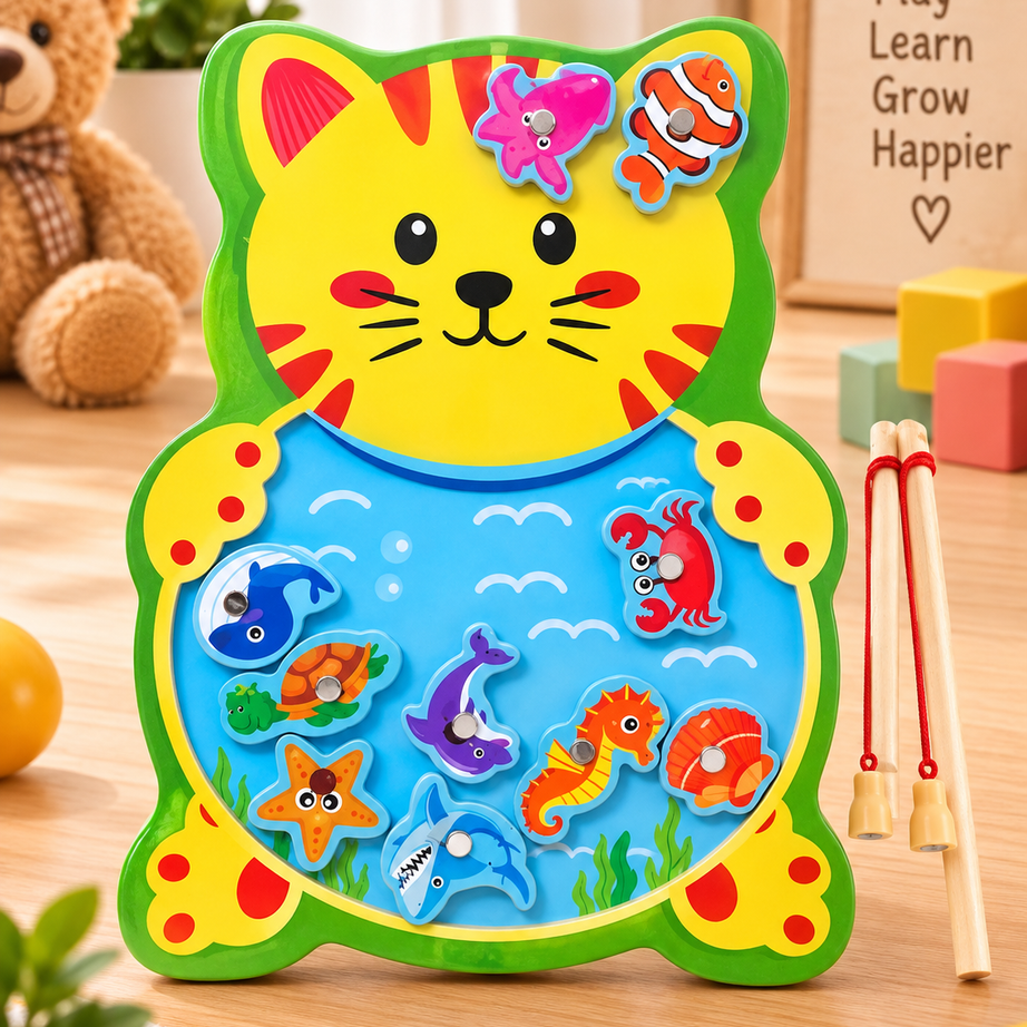 Wooden Magnetic Fishing Game for Kids – Cute Animal Theme Sea Creature Catching Puzzle with 2 Fishing Rods | Educational Learning & Fine Motor Skill Toy