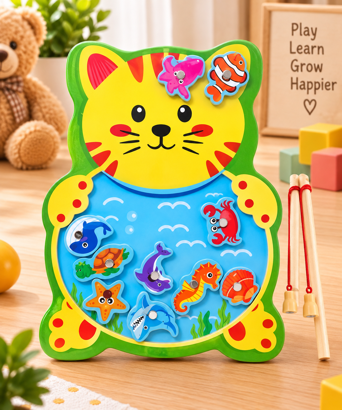 Wooden Magnetic Fishing Game for Kids – Cute Animal Theme Sea Creature Catching Puzzle with 2 Fishing Rods | Educational Learning & Fine Motor Skill Toy