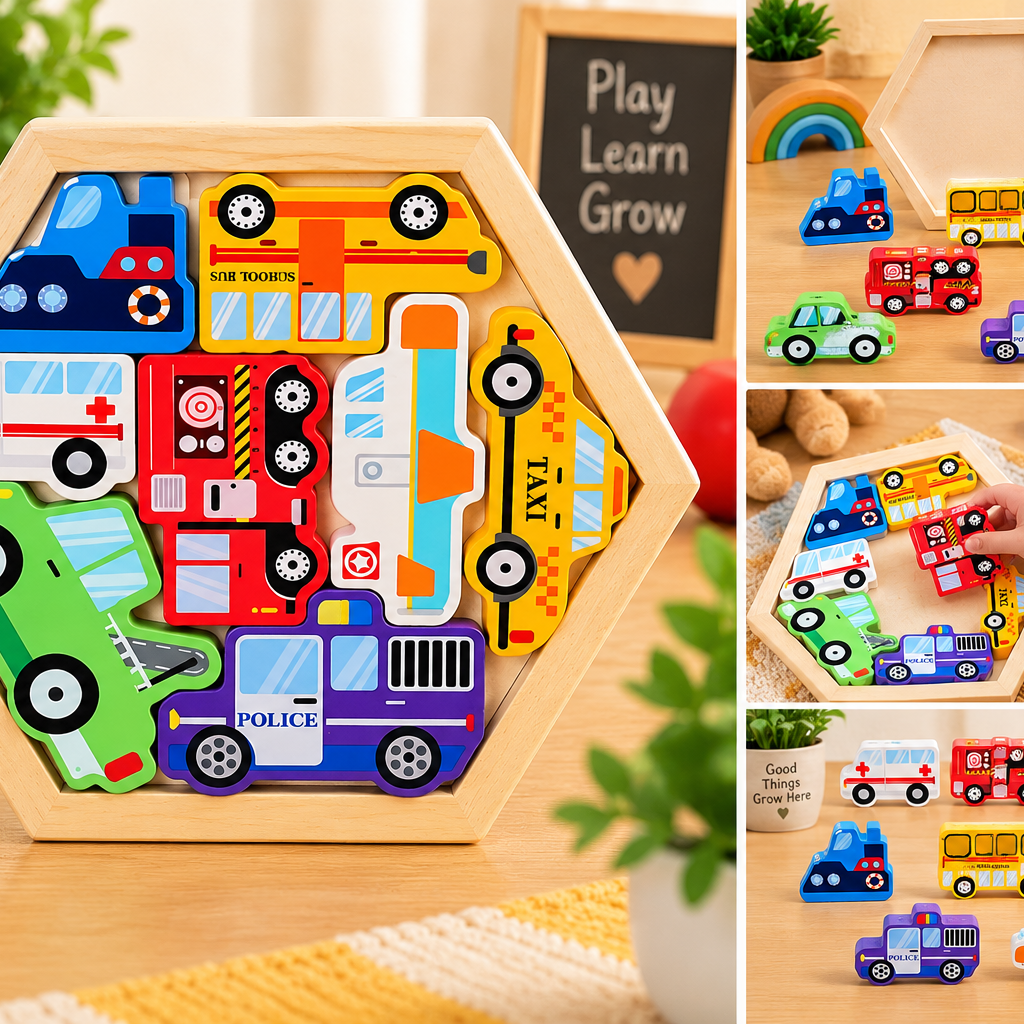 Wooden Vehicles Puzzle Set for Kids – Colourful Transport & Emergency Vehicle Learning Puzzle – Fine Motor & Problem-Solving Toy