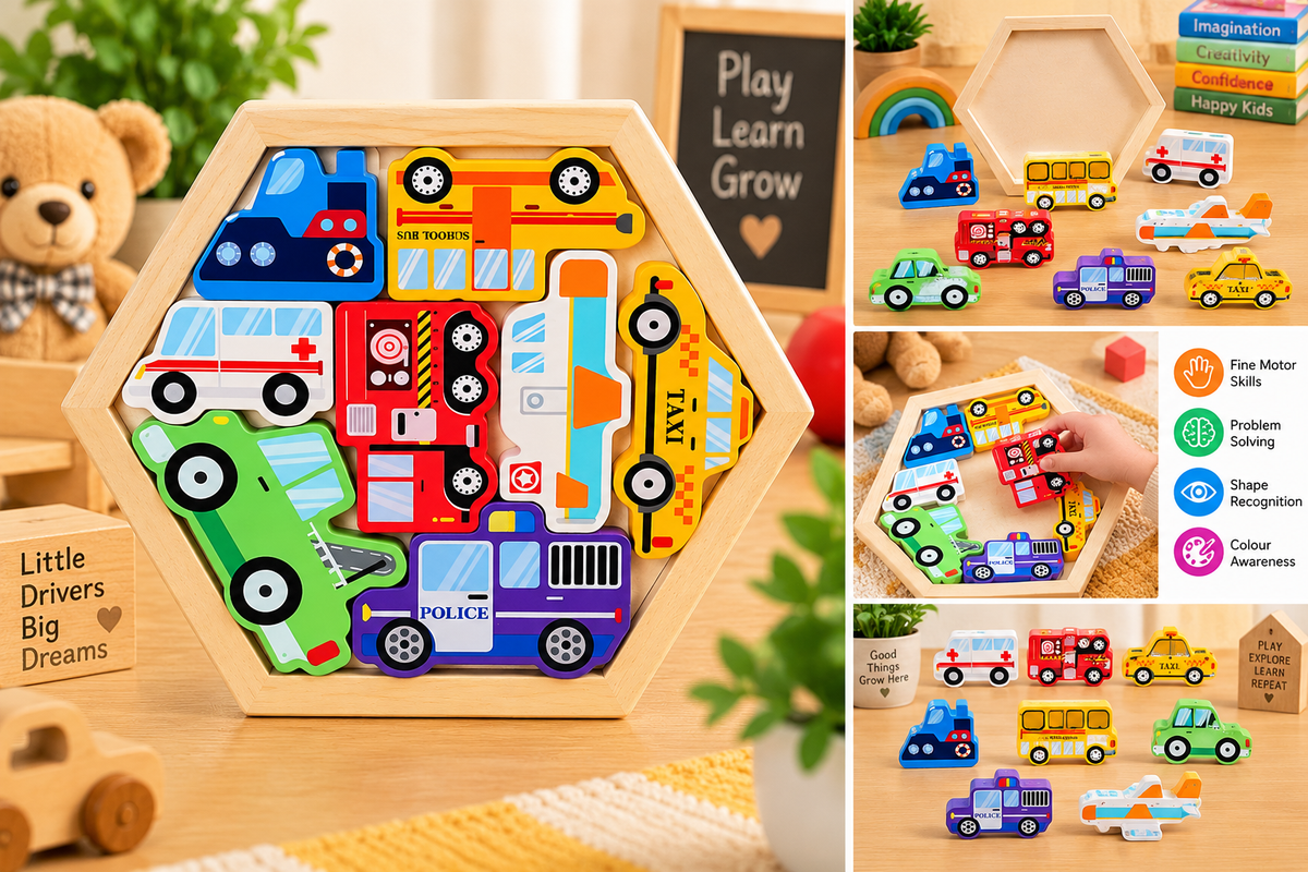 Wooden Vehicles Puzzle Set for Kids – Colourful Transport & Emergency Vehicle Learning Puzzle – Fine Motor & Problem-Solving Toy