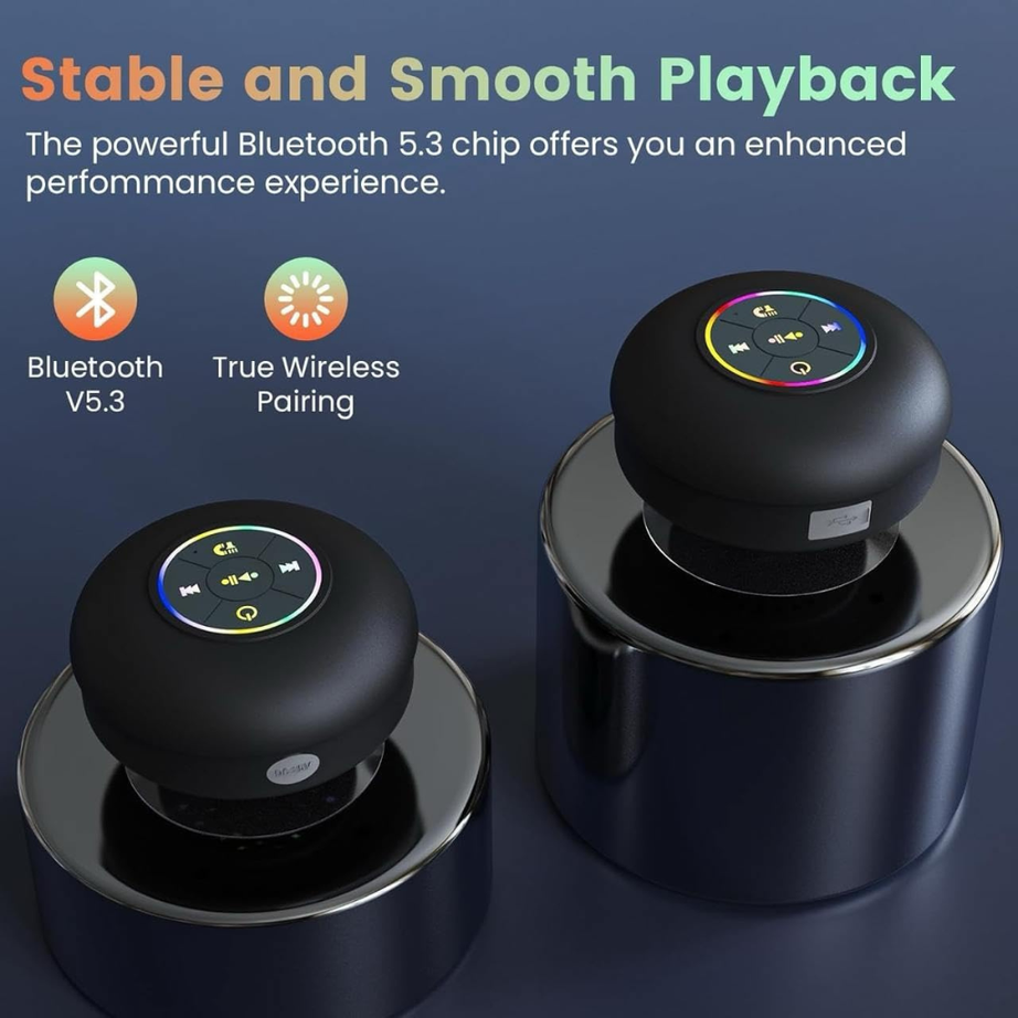 Built-in-Microphone | Mini Bluetooth Shower Audio Device with RGB Lights | Waterproof Suction Cup | IPX4 Bathroom Music Player with Mic | Portable Wireless Sound System | LED Pocket Gadget for Travel