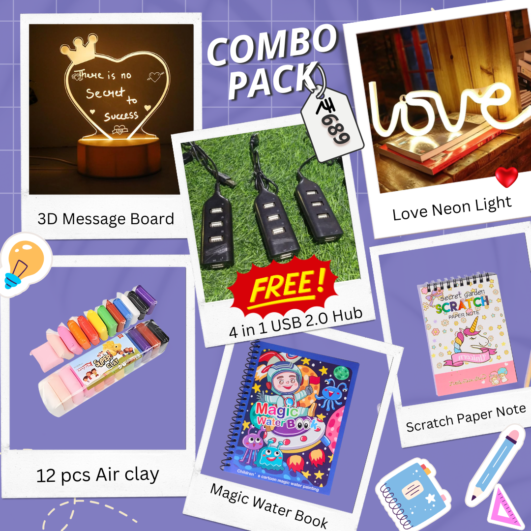 Kidsbestie- 5 in 1 Combo - 32cm Love Neon Light, 3D LED Message Board with Pen, Pack of 12 Air Dry Clay, Mini Scratch Book, Water Magic Book, Free 4 in 1 USB Hub