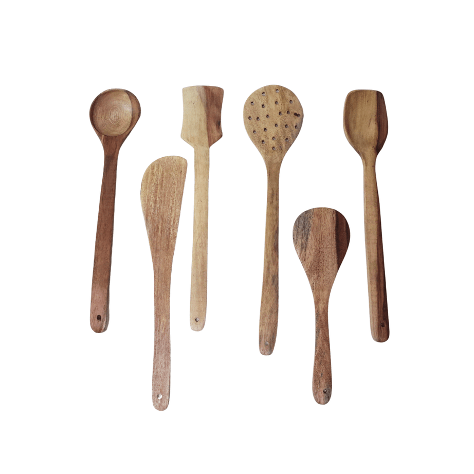 6 Piece Wooden White Spoons (Big) - Kids Bestie