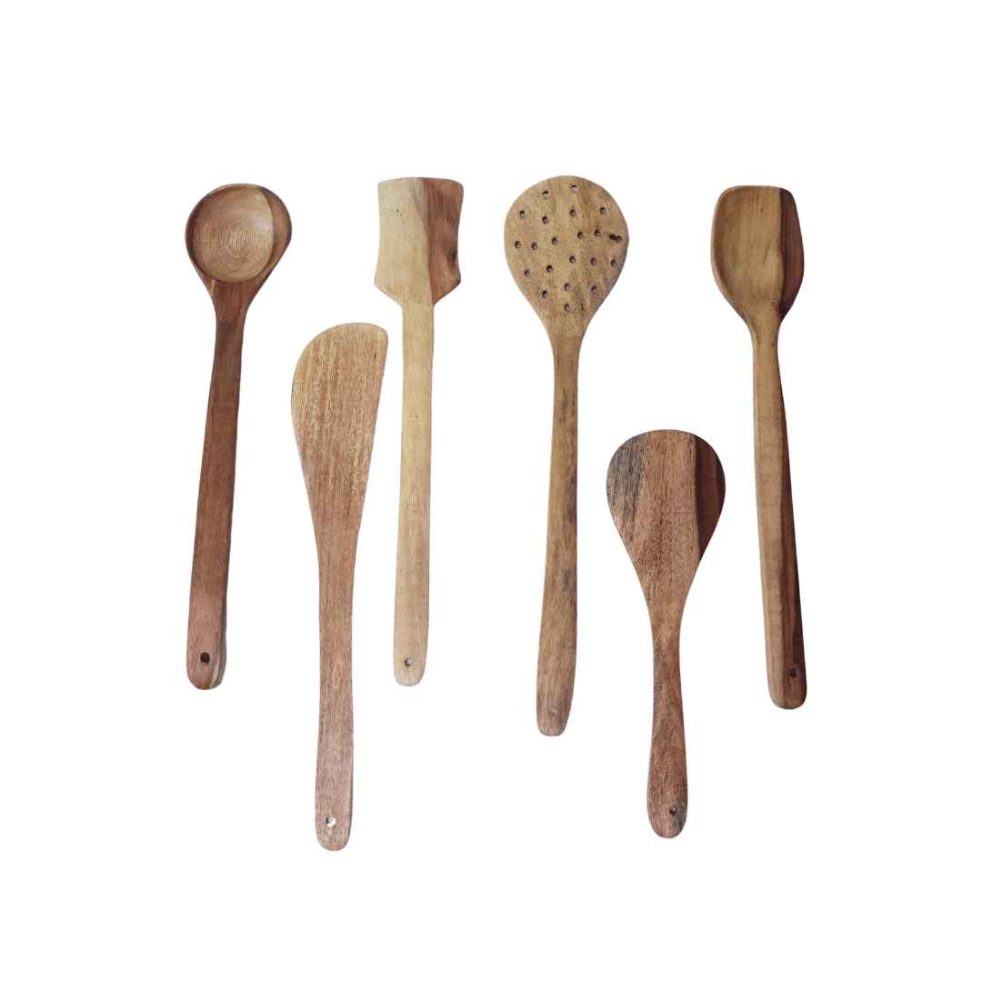 6 Piece Wooden White Spoons (Big) - Kids Bestie