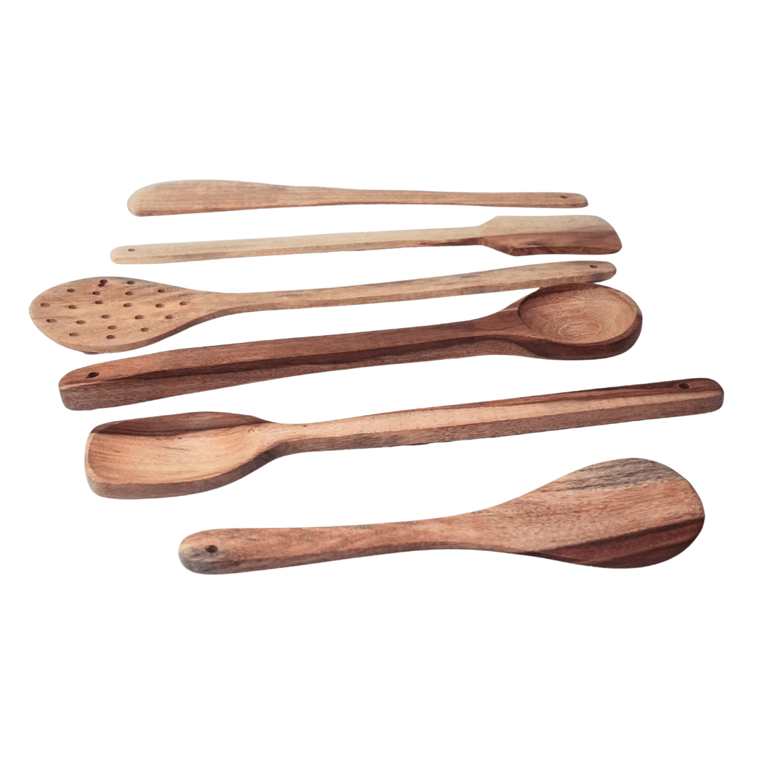 6 Piece Wooden White Spoons (Big) - Kids Bestie