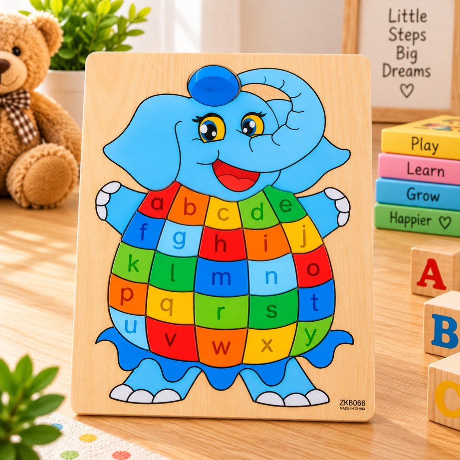 Wooden A–Z Alphabet Animal Puzzle for Kids – Colorful Educational ABC Jigsaw Puzzle with Rooster, Elephant, Turtle, Butterfly & Fish Designs