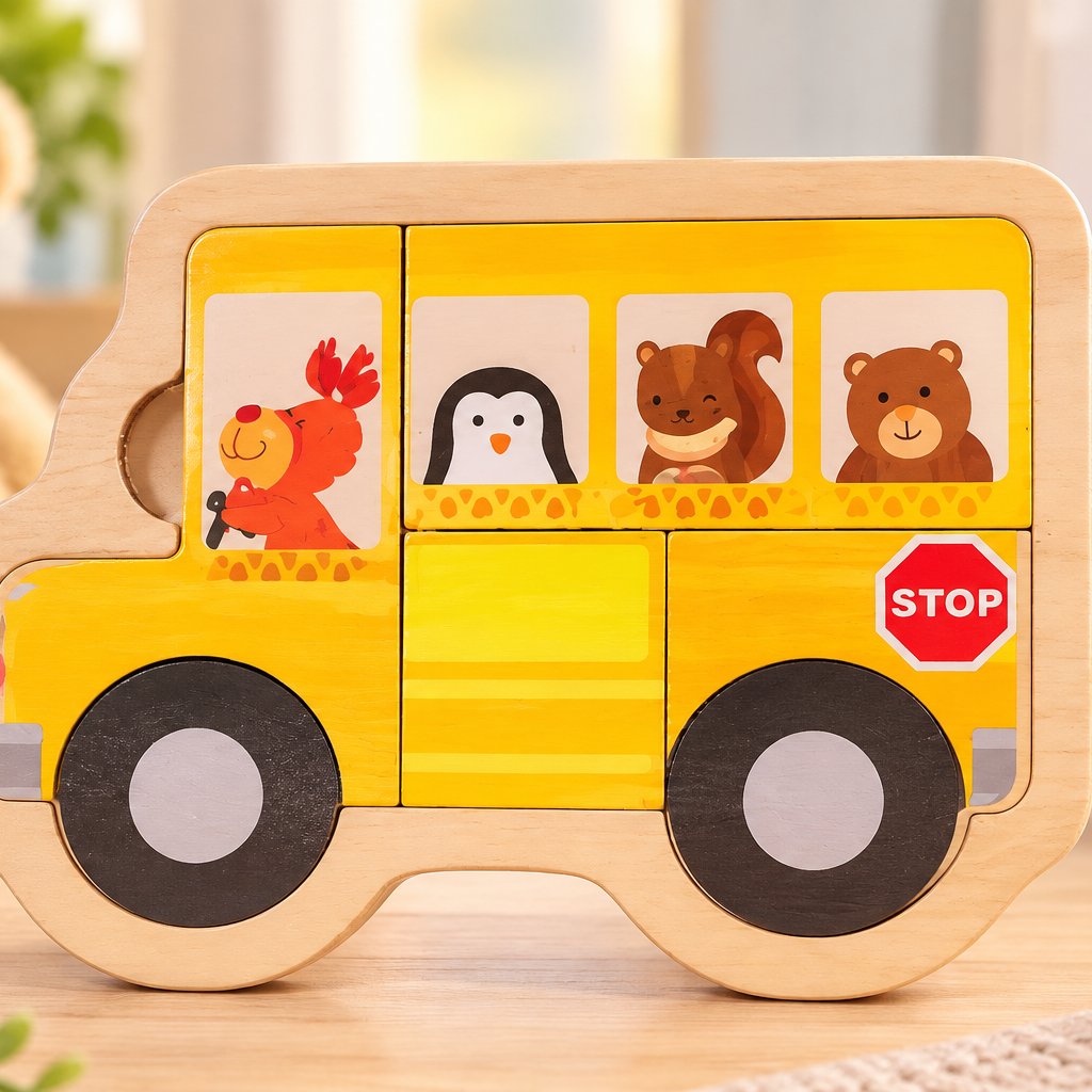 Wooden Animal, Fruit & Vehicle Jigsaw Puzzle Set for Kids – Early Learning & Matching Toys