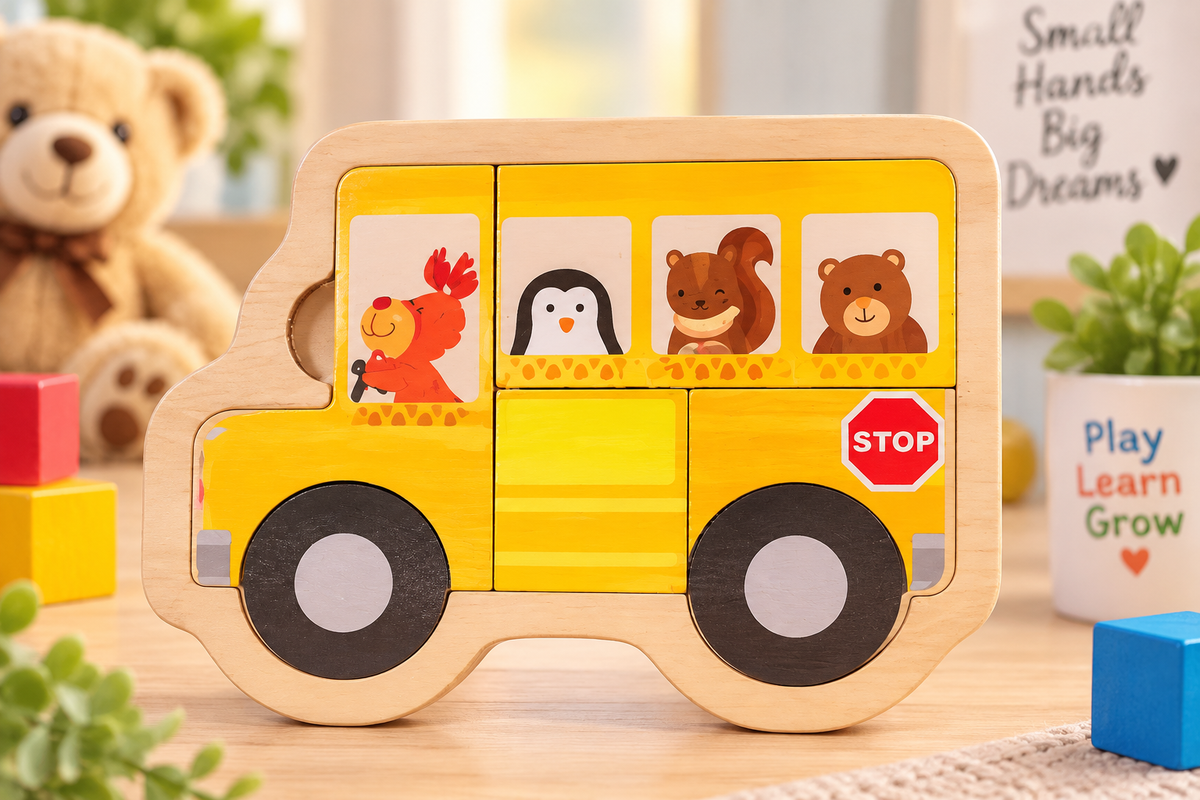Wooden Animal, Fruit & Vehicle Jigsaw Puzzle Set for Kids – Early Learning & Matching Toys