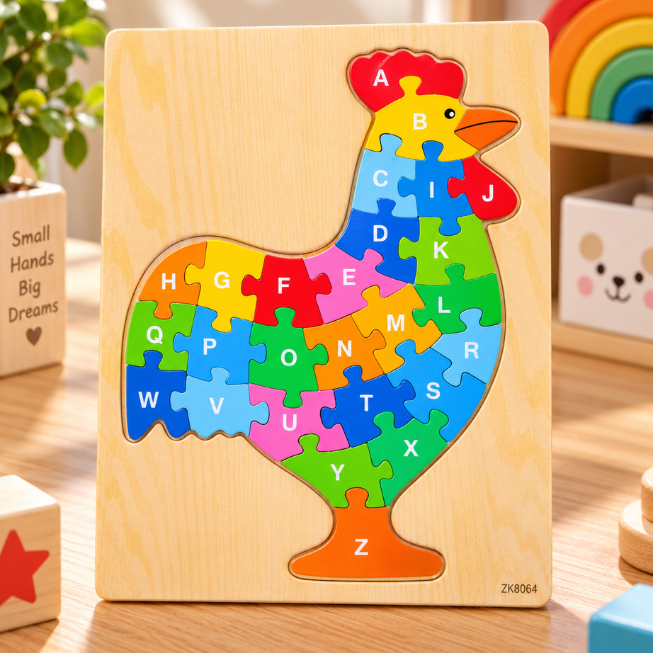 Wooden A–Z Alphabet Animal Puzzle for Kids – Colorful Educational ABC Jigsaw Puzzle with Rooster, Elephant, Turtle, Butterfly & Fish Designs