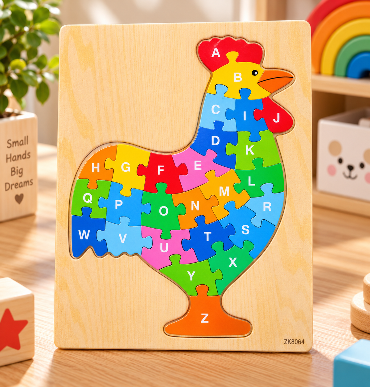 Wooden A–Z Alphabet Animal Puzzle for Kids – Colorful Educational ABC Jigsaw Puzzle with Rooster, Elephant, Turtle, Butterfly & Fish Designs