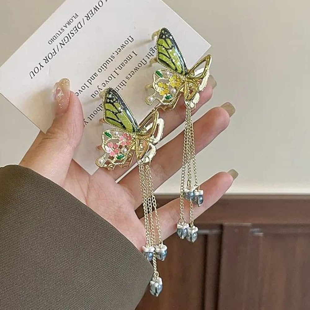 korean Elegant Butterfly Tassel Hair Claw Clip – Gold Metal with Green & Pink Floral Accents - 1 unit (Premium)