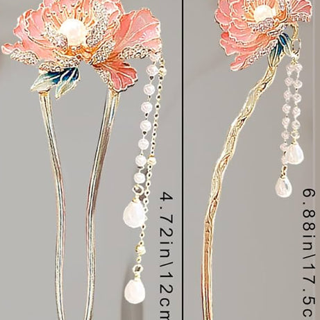 Korean Elegant Floral Pearl Hair Pin with Dangling Tassels | Gold Finish Decorative Hair Accessory