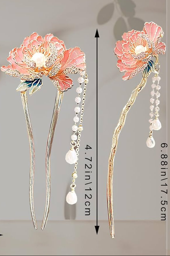 Korean Elegant Floral Pearl Hair Pin with Dangling Tassels | Gold Finish Decorative Hair Accessory