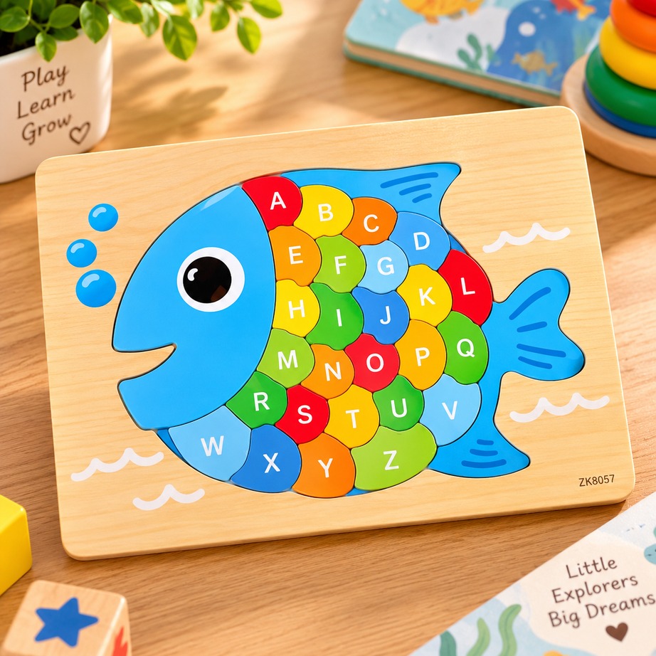 Wooden A–Z Alphabet Animal Puzzle for Kids – Colorful Educational ABC Jigsaw Puzzle with Rooster, Elephant, Turtle, Butterfly & Fish Designs