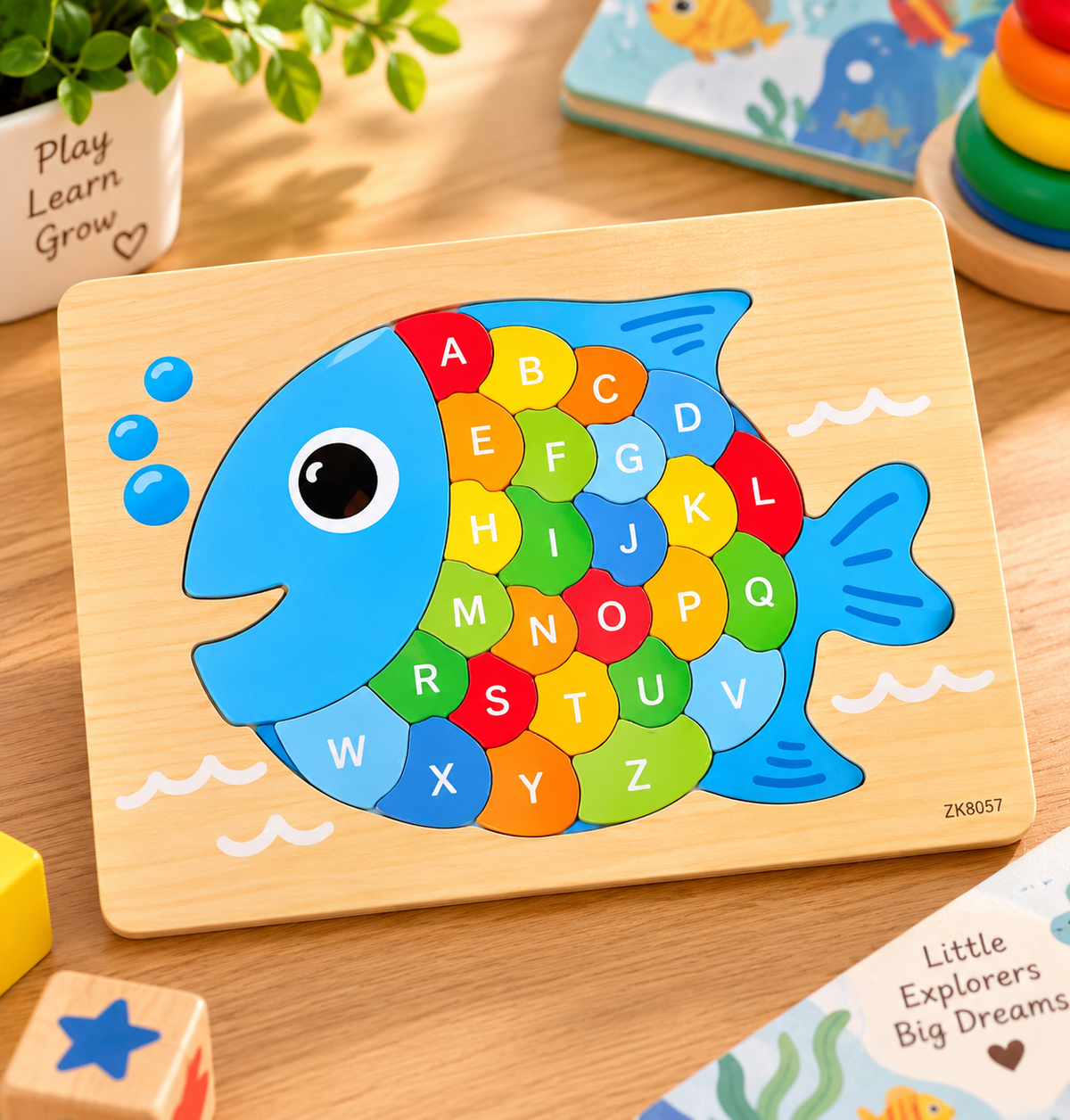 Wooden A–Z Alphabet Animal Puzzle for Kids – Colorful Educational ABC Jigsaw Puzzle with Rooster, Elephant, Turtle, Butterfly & Fish Designs