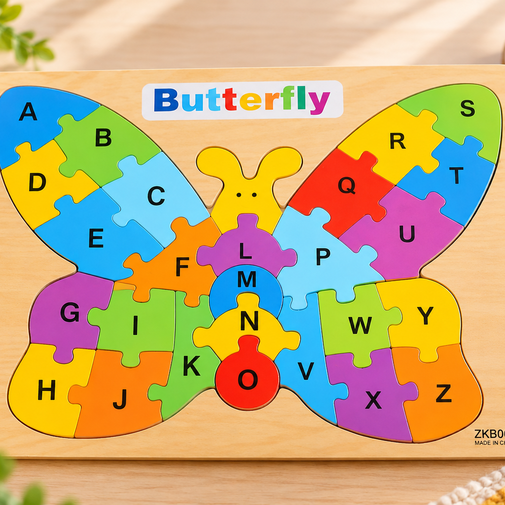 Wooden A–Z Alphabet Animal Puzzle for Kids – Colorful Educational ABC Jigsaw Puzzle with Rooster, Elephant, Turtle, Butterfly & Fish Designs