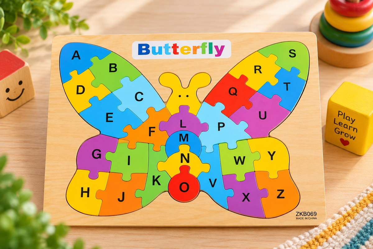 Wooden A–Z Alphabet Animal Puzzle for Kids – Colorful Educational ABC Jigsaw Puzzle with Rooster, Elephant, Turtle, Butterfly & Fish Designs