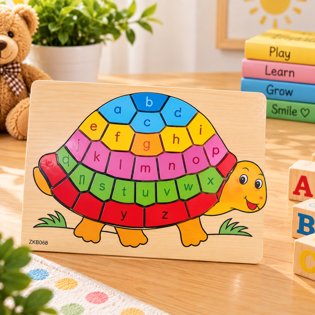 Wooden A–Z Alphabet Animal Puzzle for Kids – Colorful Educational ABC Jigsaw Puzzle with Rooster, Elephant, Turtle, Butterfly & Fish Designs
