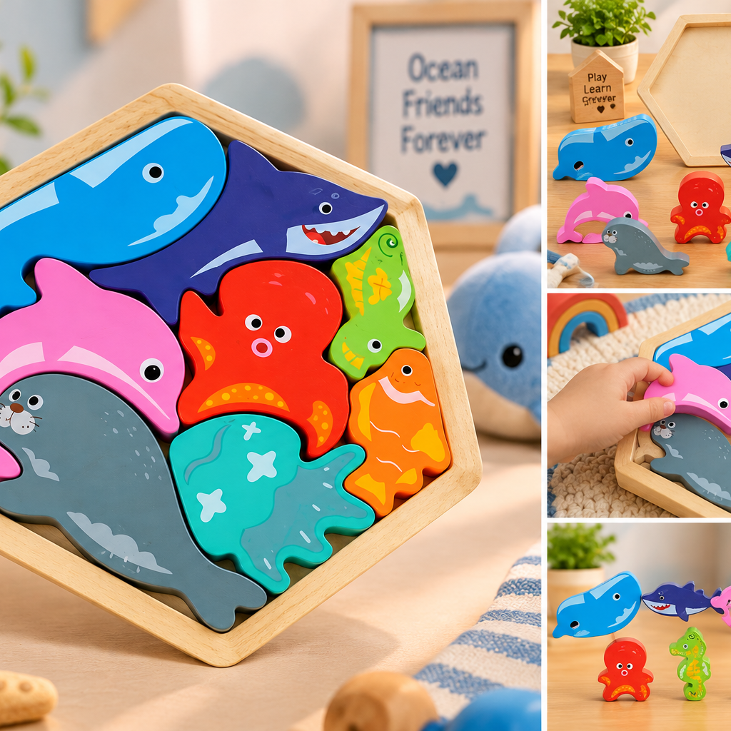Wooden Ocean Animals Puzzle for Kids – Colourful Sea Creatures Chunky Jigsaw & Early Learning Toy
