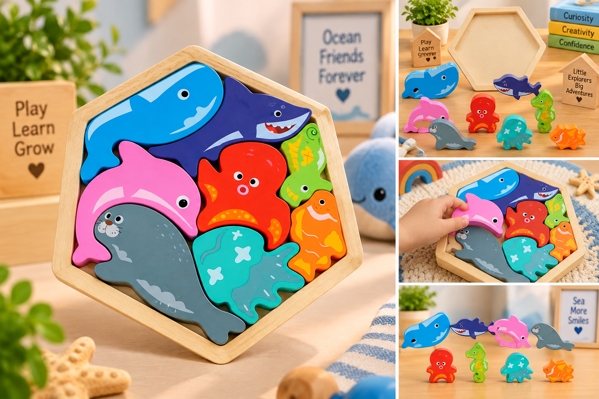 Wooden Ocean Animals Puzzle for Kids – Colourful Sea Creatures Chunky Jigsaw & Early Learning Toy