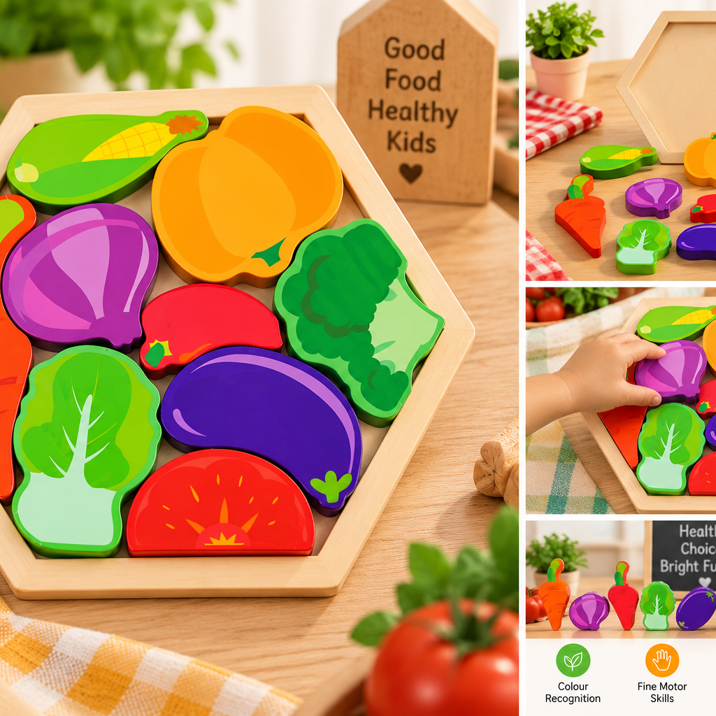 Colourful Wooden Vegetable Puzzle for Kids – Early Learning Food Recognition & Fine Motor Skill Educational Toy