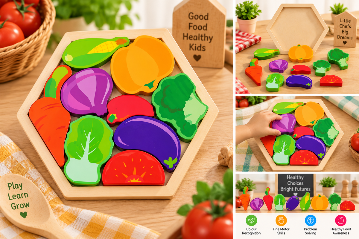 Colourful Wooden Vegetable Puzzle for Kids – Early Learning Food Recognition & Fine Motor Skill Educational Toy