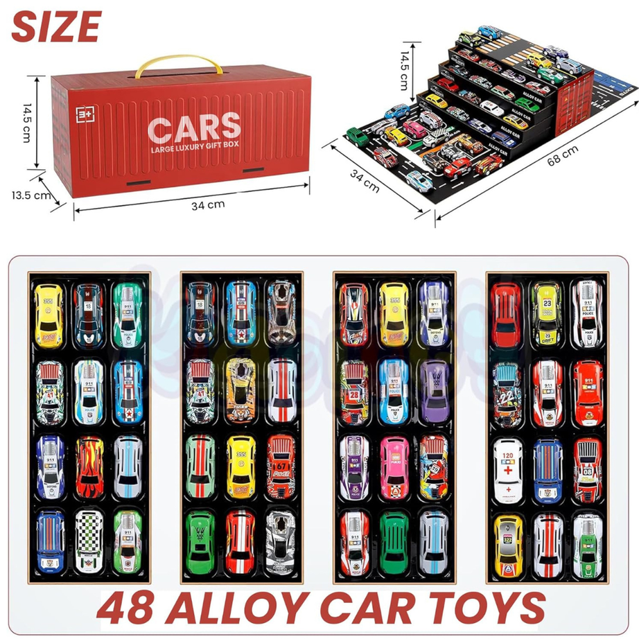 48-Piece Pull Back Car Set | Mini Racing Toy Vehicles for Kids 3+ | Bulk Cars & Trucks | Fun Learning Toys & Birthday Gifts for Boys & Girls