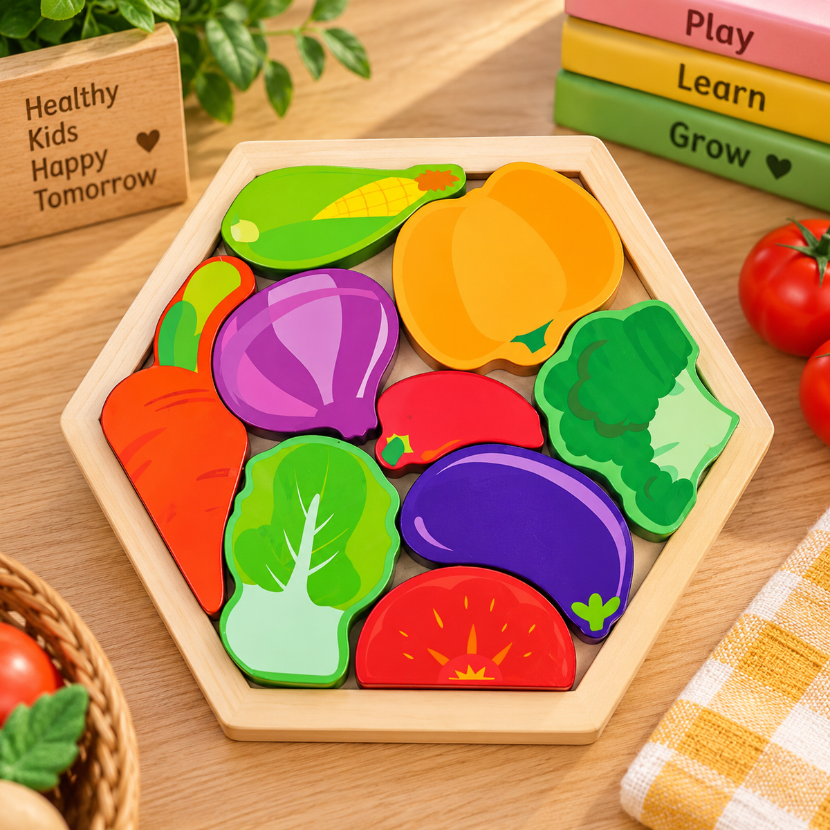 Colourful Wooden Vegetable Puzzle for Kids – Early Learning Food Recognition & Fine Motor Skill Educational Toy
