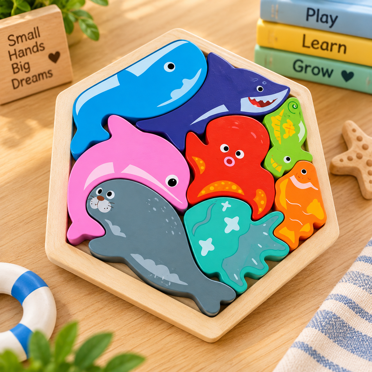 Wooden Ocean Animals Puzzle for Kids – Colourful Sea Creatures Chunky Jigsaw & Early Learning Toy