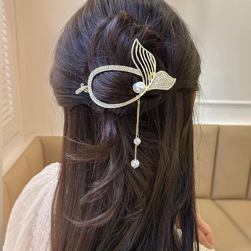 ✨🐚 Crystal Mermaid Tail Hair Clip | Elegant Pearl Drop Metal Hair Accessory (1 Pc) 🐚✨